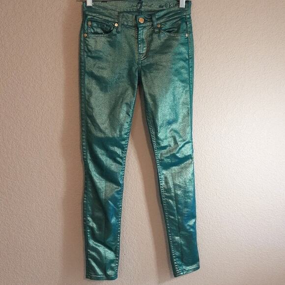 7 For All Mankind NEW Skinny Liquid Shiny Metallic Teal Green Coated Jeans 23 - Picture 3 of 13